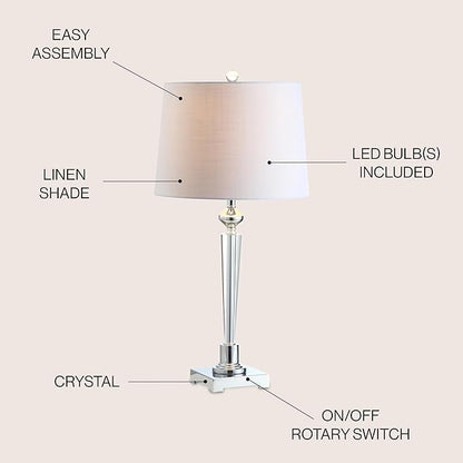 JONATHAN Y 28.25" Clear Crystal Table Lamp, Chrome Candlestick Base with White Linen Drum Shade, Traditional French Country Lamp for Living Room, LED Bulb Included JYL2051A