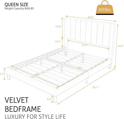 SHA CERLIN Queen Bed Frame/Velvet Upholstered Platform Bed Frame with Headboard/Strong Wood Slats Support/Mattress Foundation/No Box Spring Needed - Black
