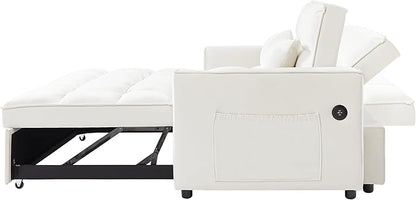 ERYE 64" W Full Size 3 in 1 Convertible Sleeper Sofabed W/Cupholders and USB Ports, Modern Velvet Upholstered Loveseat Sofa with Pull Out Sleep Couch Bed and Reclining Backrest for Home Apartment RV