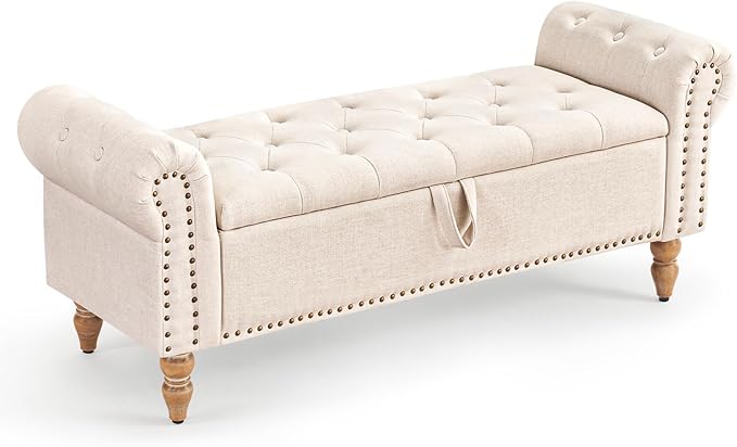 Furniliving 51” Storage Benches, End of Bed Bench with Button-Tufted Large Upholstered Storage Ottoman Linen Window Bench with Storage Shoe Cabinet Bench, for Bedroom, Entryway, Closet, Beige