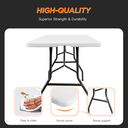 BestOffice 8FT Picnic Table Folding Table Camping Table Plastic Table Fold Up Table Lock for Party Event,White