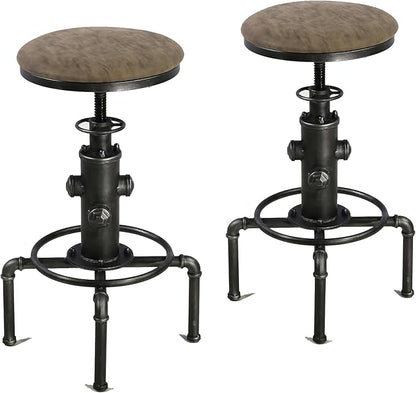 Topower Antique Vintage Industrial Barstool PU Leather Water Pipe Fire Hydrant Design Cafe Coffee Industrial Bar Stool Set of 2 Silver