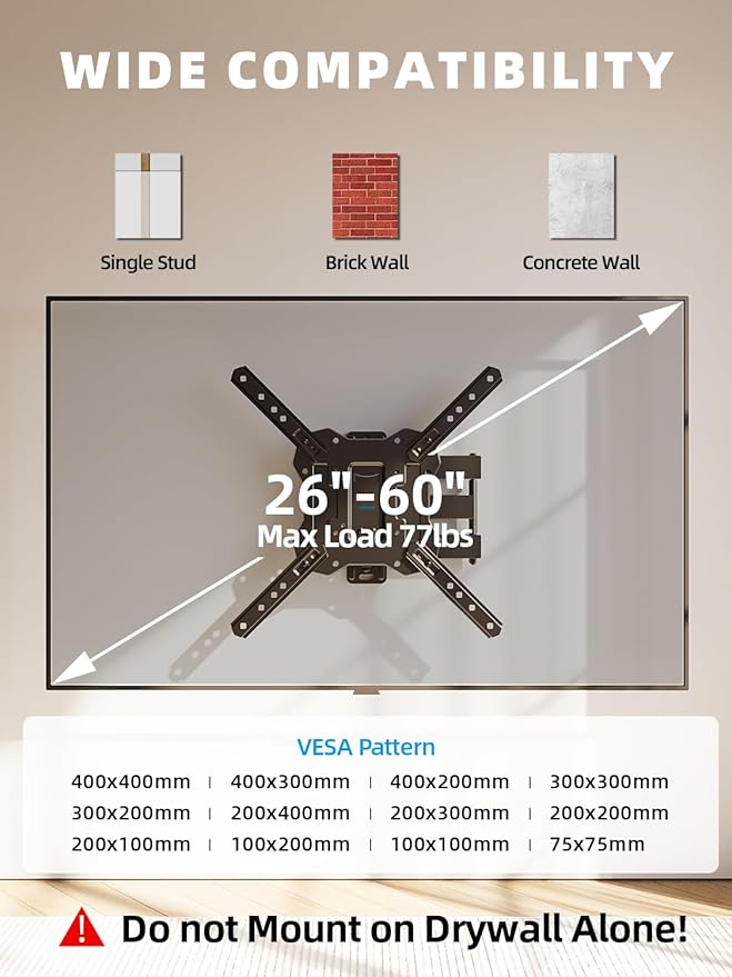 UL Listed Full Motion TV Wall Mount for 26-60 Inch TV Mounts Up to 77 lbs, Max VESA 400x400mm, Wall Mount TV Bracket with Swivel, Tilting, Leveling Adjust & Extendable Arm