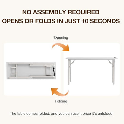 TEMI Long Computer Desk Folding Table - No Assembly, Compact 55.1" Foldable Desk with Power Outlets & USB Charging Port, Portable Lagre Office Desk, Ideal Large Study Table for Narrow Spaces