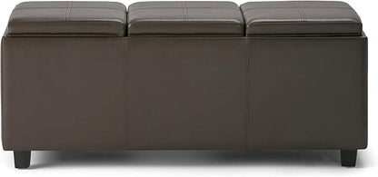 SIMPLIHOME Avalon Storage Ottoman - 42 inch Wide Upholstered Vegan Leather Rectangular Flip-Top Ottoman in Chocolate Brown, Contemporary Coffee Table Ottoman for Living Room with Hidden Storage