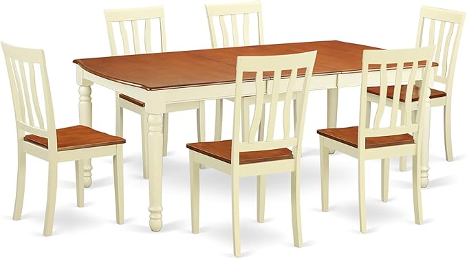 East West Furniture DOAN7-WHI-W 7 Piece Kitchen Table Set Consist of a Rectangle Dining Table with Butterfly Leaf and 6 Dining Room Chairs, 42x78 Inch, Buttermilk & Cherry