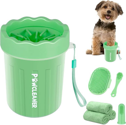 Professional 7 in 1 Dog Paw Cleaner for Dogs & Cats - Includes 1 Portable Paw Washer, 1 Bath Brush, 2 Dog Toothbrushes and 3 Absorbent Towels Note: Fits Paws up to 2 Inches Wide (Small, Light Green)