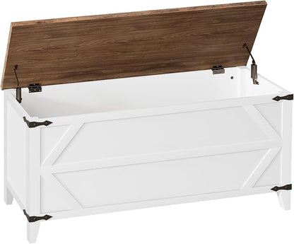 HOOBRO 47.2" Toy Box, Storage Chest with Safety Hinges, Toy Chest Storage, Wooden Storage Bench for Bedroom, Living Room, White and Walnut WH16CW01