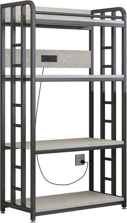 Adjustable 4-Tier Heavy Duty Kitchen Baker's Rack with Power Outlet, with Industrial Wheels, Free Standing Microwave Oven Cart Stand for Storage in Living Room, Garage, Greige