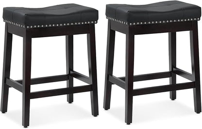 Athena Collection Bar Stools Set of 2, 25 Inches Counter Height Bar Stools Backless with Footrest, Leather Upholstered Saddle Barstools with Nailhead Trim for Home, Kitchen Island, Counter, Black