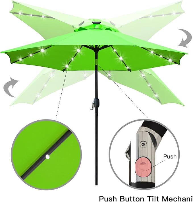 Sunnyglade 9' Solar LED Lighted Patio Umbrella with 8 Ribs/Tilt Adjustment and Crank Lift System (Grass Green)