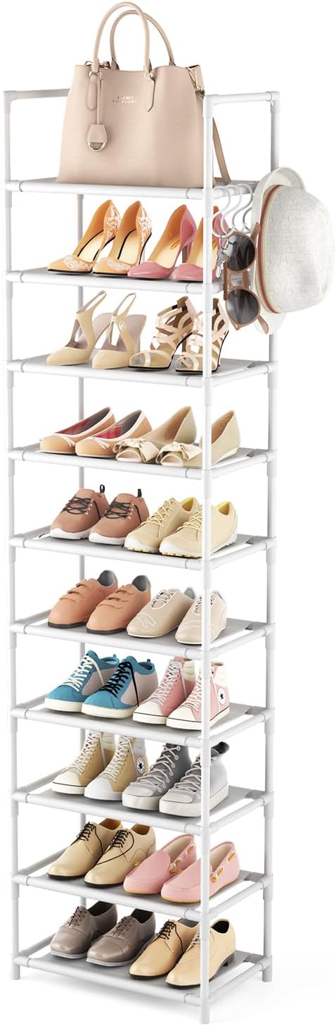 10 Tiers Tall Shoe Rack 20-25 Pairs Boots Organizer Storage Sturdy Narrow Shoe Shelf for Entryway, Closets with Hooks, White