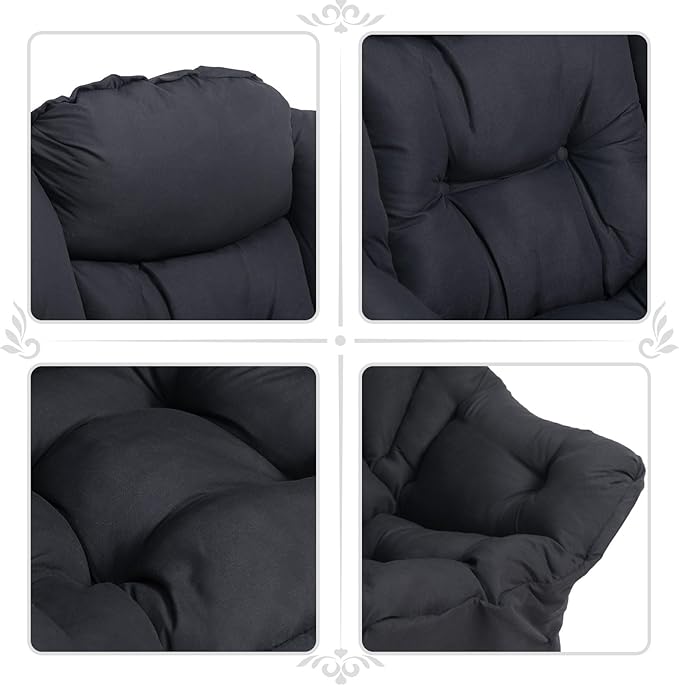 HollyHOME Fabric Lazy Chair with Foldable Ottoman, Accent Comfy Lounge Arm Chair and Folding Footrest Stool Set, Leisure Sofa Reading Chair and Footstool for Living Room, Bedroom, Dorm, Matte Black
