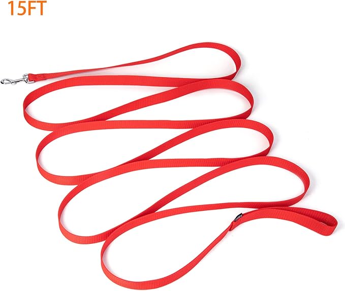 Strong Durable Nylon Dog Training Leash, 1 Inch Wide Traction Rope, 6 ft 10ft 15ft Long, for Small and Medium Dog (Red, 15 Feet)