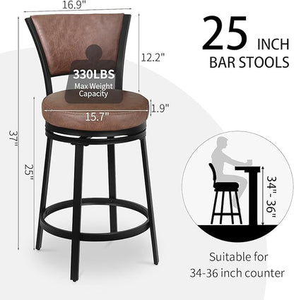 Bar Stools Set of 2, 25 Inch Metal Counter Height Bar Chairs, Modern Faux Leather 360° Round Swivel Barstools with Back, Counter Stools for Kitchen Island, Pub, Brown