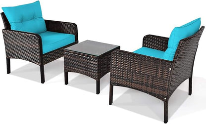 Tangkula 3 Piece Wicker Chairs with Glass Top Coffee Table, Thick Cushions, All Weather Garden Lawn Poolside Backyard Porch Outdoor Patio Furniture Set for 2 (Turquoise)