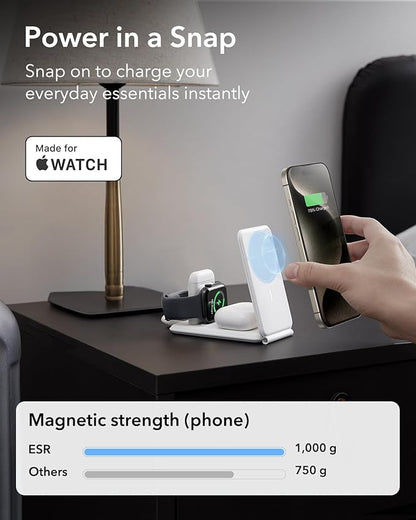 ESR 3 in 1 Charger for Magsafe, Travel Charger Stand for Magsafe, Made for Apple Watch Certified, Foldable Charging Station Compatible with iPhone 17/16/15/14/13/12, AirPods Pro, White