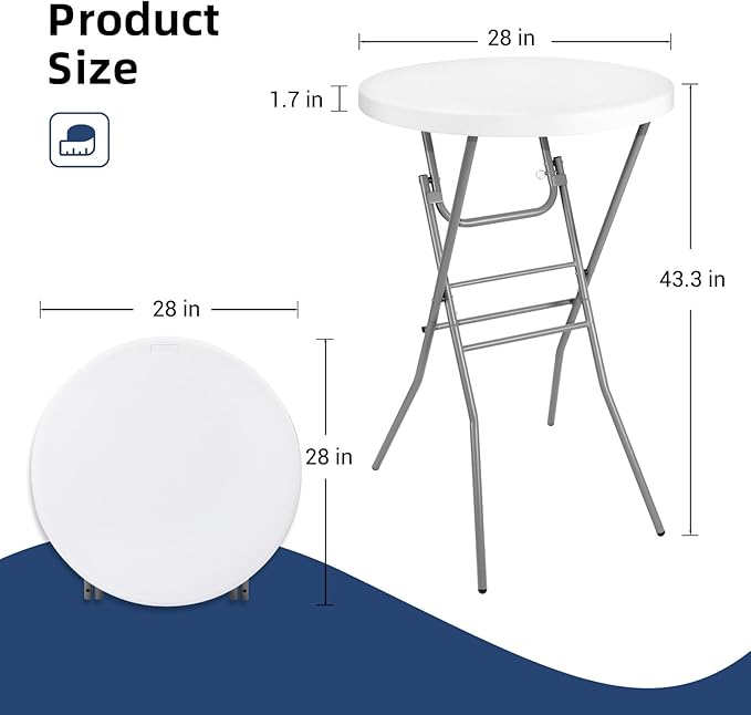 28in Cocktail Table White High Top Folding, Round Portable Bar Height Folding Table with Removable Legs, Indoor Outdoor Banquet for Parties, Commercial, Speech, School