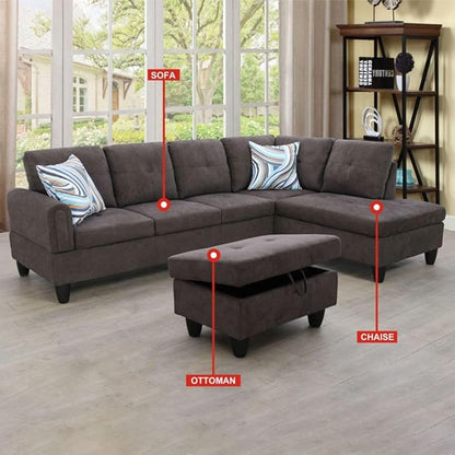 Dark Brown L-Shaped 3-Piece Flannel Sofa with Storage Ottoman Set, Sectional Couch Sofa Set for Living Room, Office, Small Space