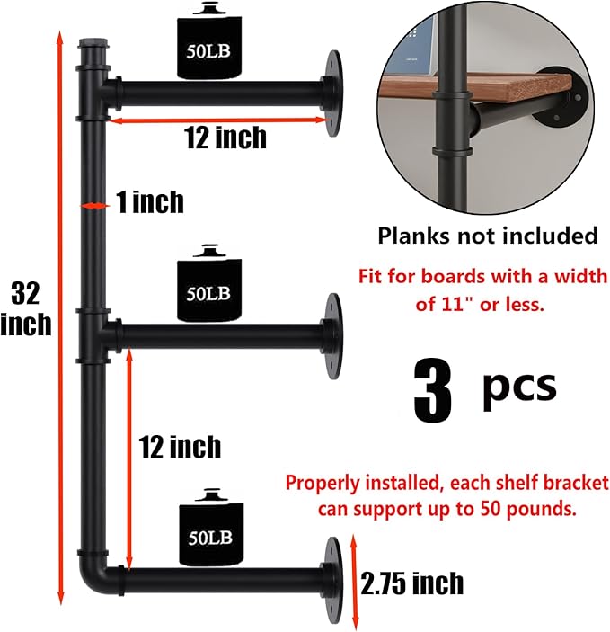Industrial Pipe Shelf Brackets Wall Mount,Open Black Pipe Shelving for Kitchen,Floating Shelf Brackets Mount,Open Bookshelf Brackets for Shelves,Wall Shelves 12 Inch Deep,(3PcsX3Tier,32" Tall)