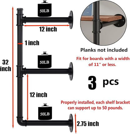 Industrial Pipe Shelf Brackets Wall Mount,Open Black Pipe Shelving for Kitchen,Floating Shelf Brackets Mount,Open Bookshelf Brackets for Shelves,Wall Shelves 12 Inch Deep,(3PcsX3Tier,32" Tall)