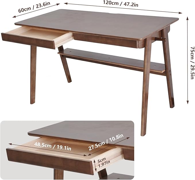 Oak Desk with Drawers, Solid Wood Desk with Bookshelf Small Computer Desk for Small Spaces Mid-Century Modern Wood Writing Desk with 2 Drawers for Home Office 47"