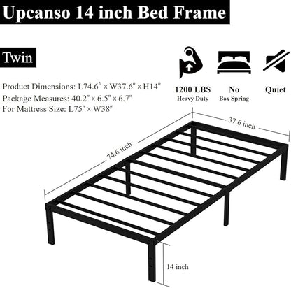Twin Bed Frame No Box Spring Needed, 14 Inch Heavy Duty Metal Platform Bed Frame Twin Size with Storage, 2500lbs Steel Slats Support, Easy Assembly, Black