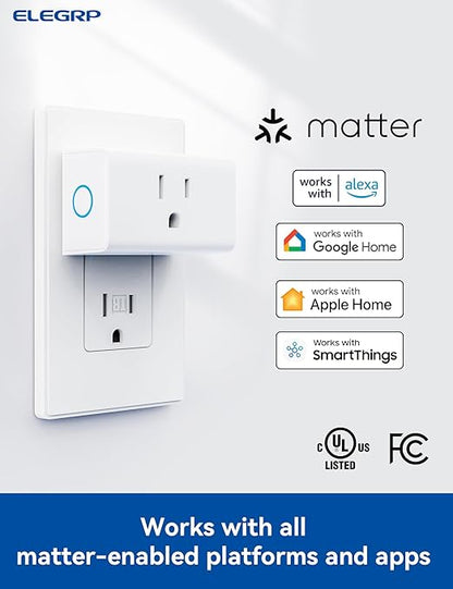 ELEGRP Matter Supported Mini Smart Plug, Smart Outlet 15A/1800W Max, Compatible with Apple Home, Siri, Alexa, Google Home, SmartThings, Compact Design, UL Certified, 2.4G Wi-Fi Only, White, 1 Pack