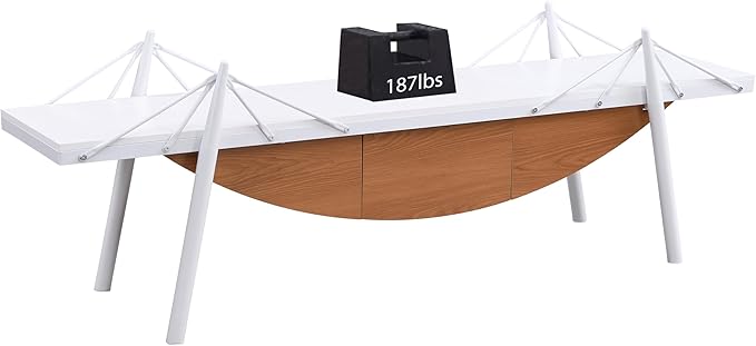 1 Tier Modern Boat-Shaped Bookshelf with Drawer, White & Brown, 70.9" Long Horizontal Low Shelf for Storage Display Decoration, Sturdy MDF & Metal Industrial Frame, for Living Room