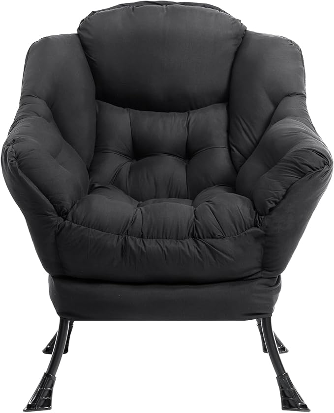 HollyHOME Lazy Chair with Foldable Ottoman,Accent Comfy Lounge Arm Chair and Folding Footrest Stool Set,Leisure Sofa Reading Chair and Footstool for Living Room,Bedroom, Dorm,Peachskin Fabric Black