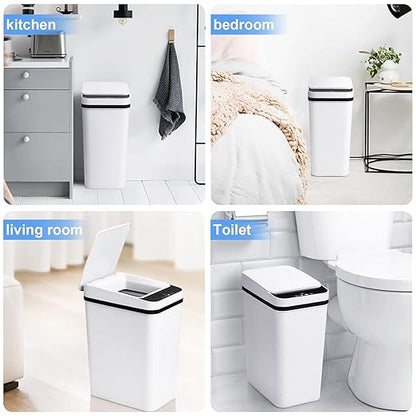 Bathroom Trash Cans with Lid 2 Pack 2.2 Gallon Touchless Automatic Motion Sensor Small Slim Garbage Can, Smart Electric Narrow Garbage Bin for Bedroom Office Kitchen (White)