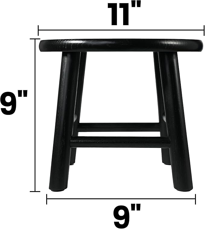 CONSDAN 9-Inch Round Step Stool for Adults & Kids, USA Grown Solid Oak Hardwood, Sturdy Small Foot Stool for Kitchen, Bedroom, Bathroom, Shoe Changing, Plant Stand, Fully Assembled (Black)