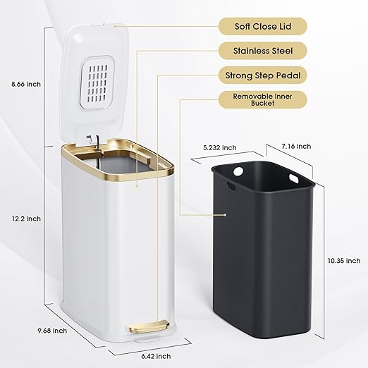 CEROELDA Small Bathroom Trash Can with Lid Soft Close-5L/1.3 Gal Slim Garbage Can-Metal Step Wastebasket-Rectangle Narrow Waste Bin for Office, Bedroom, Toilet, Live Room-White