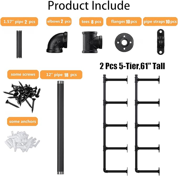 Industrial Pipe Shelf Brackets Wall Mount,Open Black Pipe Shelving for Kitchen,Floating Shelf Brackets Mount,Open Bookshelf Brackets for Shelves,Wall Shelves 12 Inch Deep(2PcsX5Tier,61" Tall)