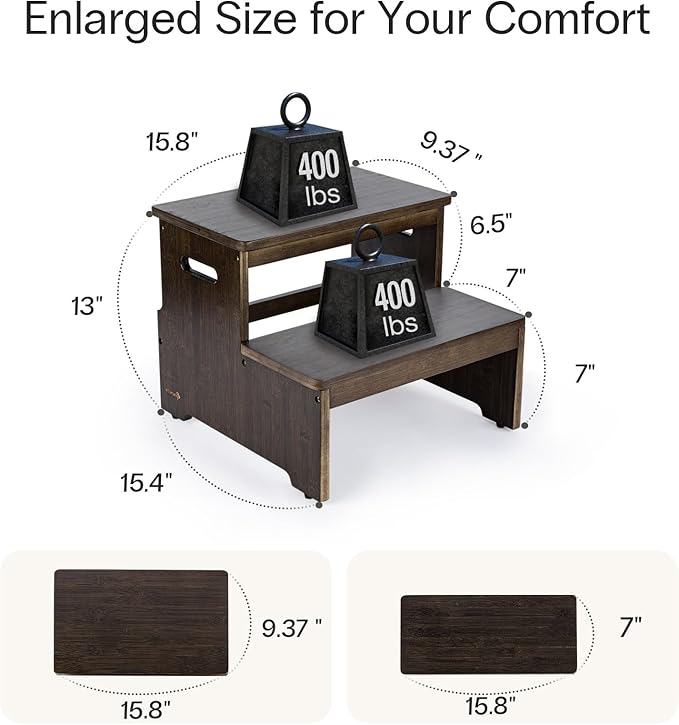 StrongTek Bed Step Stool for High Beds, Large Surface Bamboo 2-Step Stool for Adults, Seniors, Elderly, 400 lbs Heavy Duty, Non-Slip, Durable Wood Stepping Stool for Bedroom & Bathroom