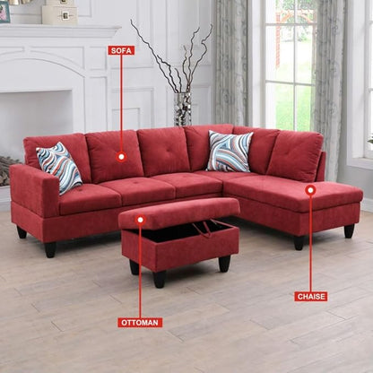 Red L-Shaped 3-Piece Flannelette Sofa with Storage Ottoman Set, Sectional Couch Sofa Set for Living Room, Office, Small Space