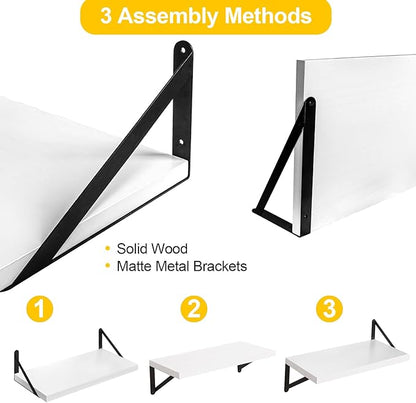 SAUMONIER Floating Shelves Bookshelf for Bedroom Bathroom Living Room Wood Wall Mounted Wide Deep Storage, White Painted 24 Inch Shelves Set of 2