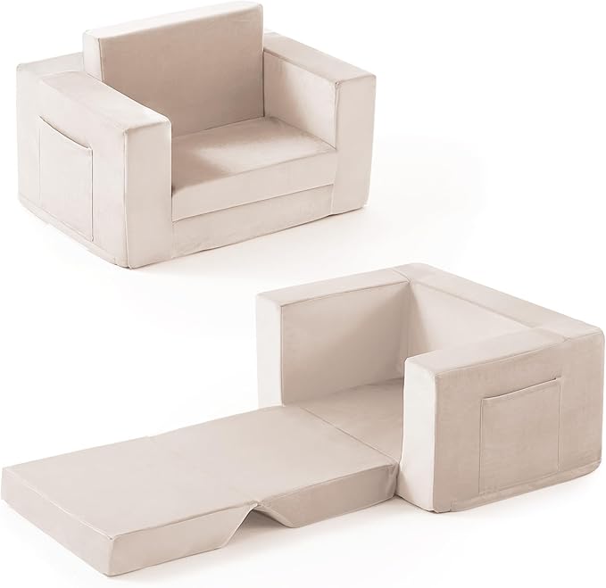 Kids Couch, 2-in-1 Toddler Chair Comfy 1-3 Years, Convertible Kids Chair, Toddler Couch That Fold Out, Kid Lounge Chairs for Boys and Girls, Soft Coral Fleece, Beige