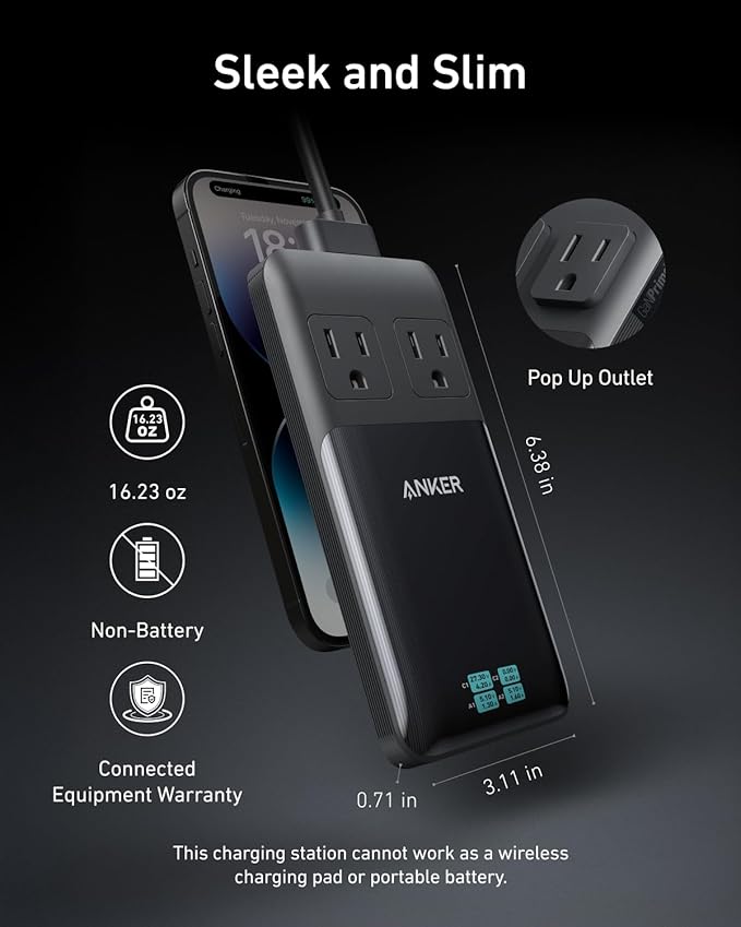 Anker Prime Charging Station, 140W 6-in-1 Travel Power Strip, 5ft Detachable Extension Cord with Multiple Outlets, 2 AC, 2 USB C, 2 USB A, Desk Accessories, Home Office (Non-Battery/Wireless)