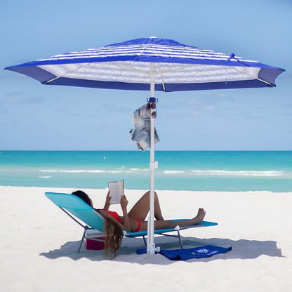 AMMSUN 8ft Large Beach Umbrellas for Sand Heavy Huty Wind Portable Commercial Grade Patio Beach Umbrella with Sand Anchor Adjustable Height Air Vent UPF 50+ Telescoping Pole without tilt Blue White