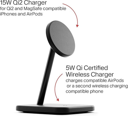 Twelve South HiRise 2 Deluxe 2-in-1 Wireless Charging Station for Apple Devices - Qi2 MagSafe Charger, Fast Wireless Charger Stand for iPhone 15 14 13 12 Pro & Max Series, AirPods Pro/3/2, Black