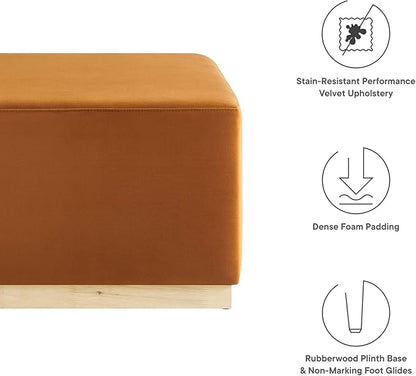 Modway Tilden 28 Inch Square Performance Velvet Upholstered Ottoman in Rust Natural - Large Ottoman Foot Rest with Rubberwood Plinth Base, Living Room Ottoman Coffee Table - Velvet Ottoman Table