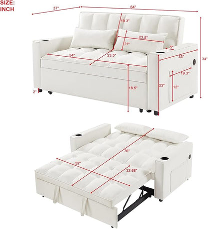 ERYE 64" W Full Size 3 in 1 Convertible Sleeper Sofabed W/Cupholders and USB Ports, Modern Velvet Upholstered Loveseat Sofa with Pull Out Sleep Couch Bed and Reclining Backrest for Home Apartment RV