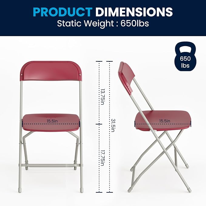 Hercules Series Plastic Folding Chair Red - 10 Pack 650LB Weight Capacity Comfortable Event Chair-Lightweight Folding Chair
