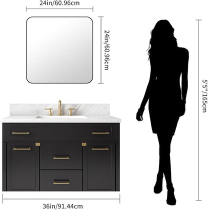 KOCUUY Square Bathroom Mirror, 24"x24" Black Rectangle Vanity Mirror, Black Metal Frame Mirror with Rounded Corner for Bathroom, Bedroom, Living Room, Entryway