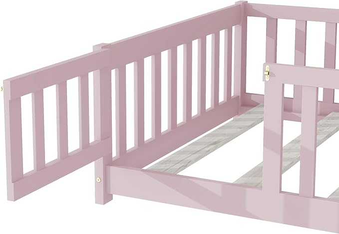 Twin Floor Bed Frame with Slats and Safety Guardrail, Wood Twin Size Montessori Floor Bed with Door and Fence, Easy Assemble Montessori Beds for Kids, Girls, Boys, Pink