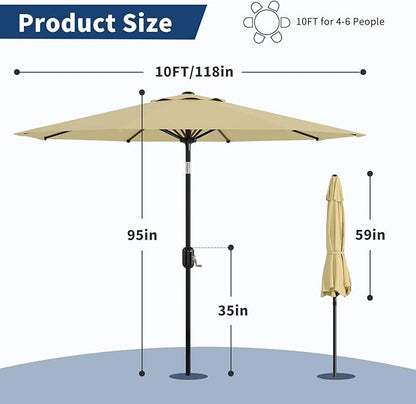Garvee Patio Umbrella 10 ft, Table Umbrella Outdoor Patio UV Protection with Crank Lift & Push Button Tilt, 8 Sturdy Ribs for Yard, Deck, Pool - Beige