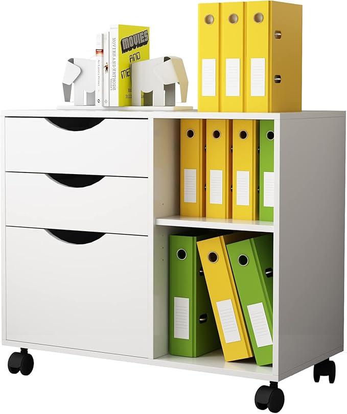 QDSSDECO 3-Drawer with Shelf Wood File Cabinet Mobile Lateral Filing Cabinet, with Rolling Wheel Printer Stand and Open Adjustable Storage Shelves, for Home Office, White