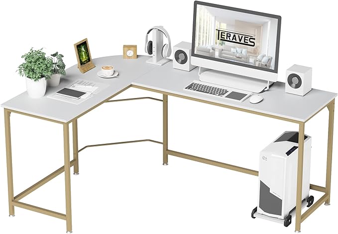 Teraves Reversible L Shaped Desk White - 57.9" Corner Gaming Computer Desk, Office Workstation Modern Home Study Writing Wooden Table