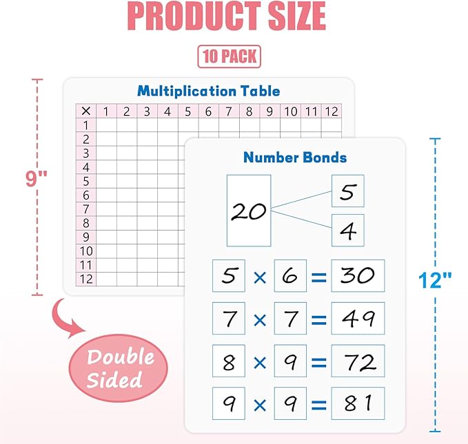10 Pack Multiplication Chart Whiteboard Card - Double-Sided 9" x 12" Dry Erase Board, Math Manipulatives White Board for Kids Students, Classroom and Home Learning，Small White Board Card Dry Erase
